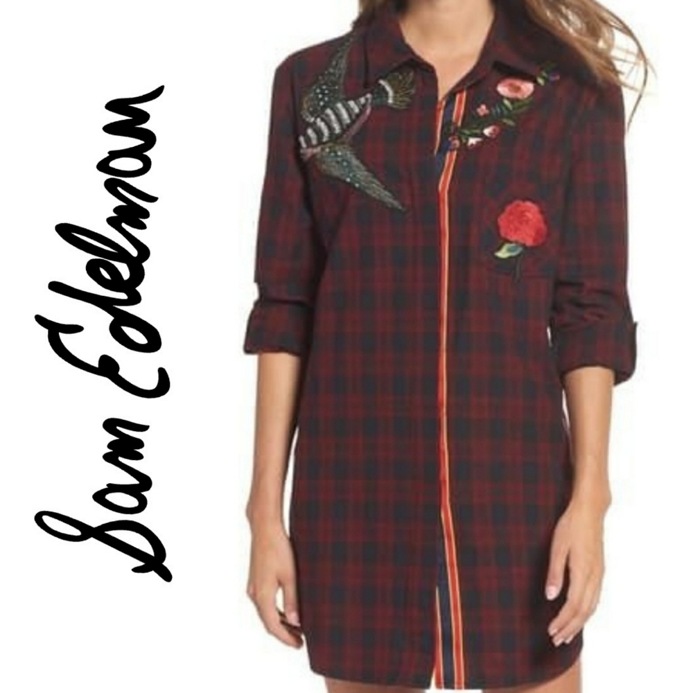 Sam Edelman Patch & Plaid Sleep Shirt Red & Black NWT